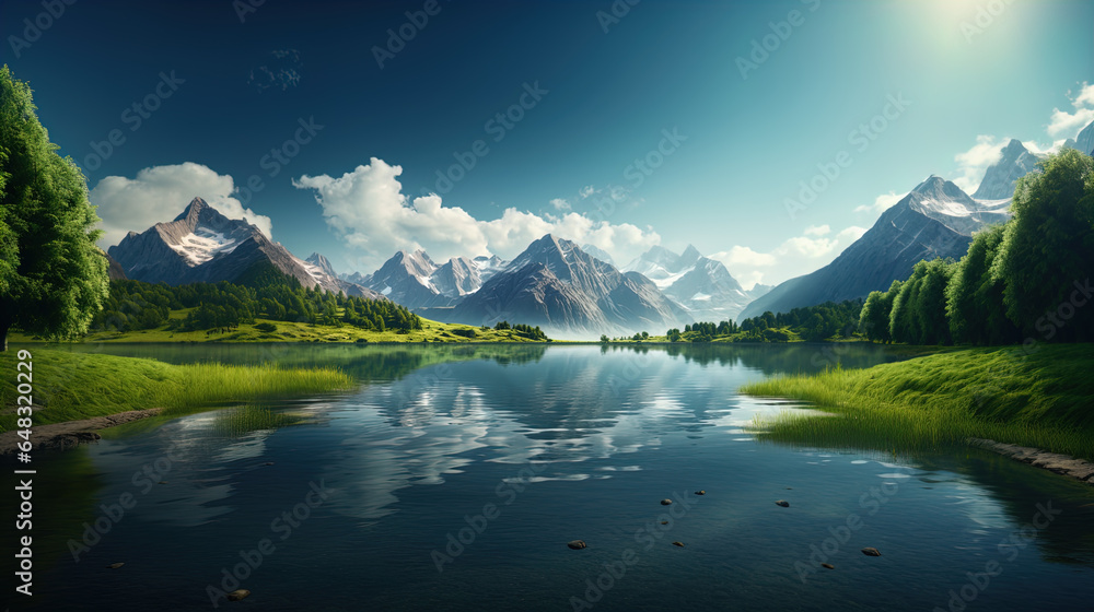The image features a serene landscape dominated by a range of majestic snow-capped mountains in the background. The foreground showcases a calm lake with a mirror-like reflection of the surrounding sc
