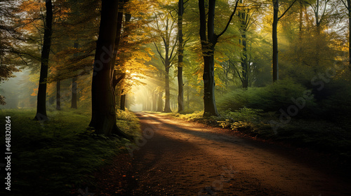 The image presents a serene and atmospheric forest scene during what appears to be early morning or late afternoon. Sunlight filters through the dense canopy of tall trees, creating a warm glow and hi