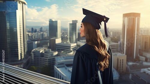 graduated student looking at the city; achieving success; concept student dreaming of achieving their dreams