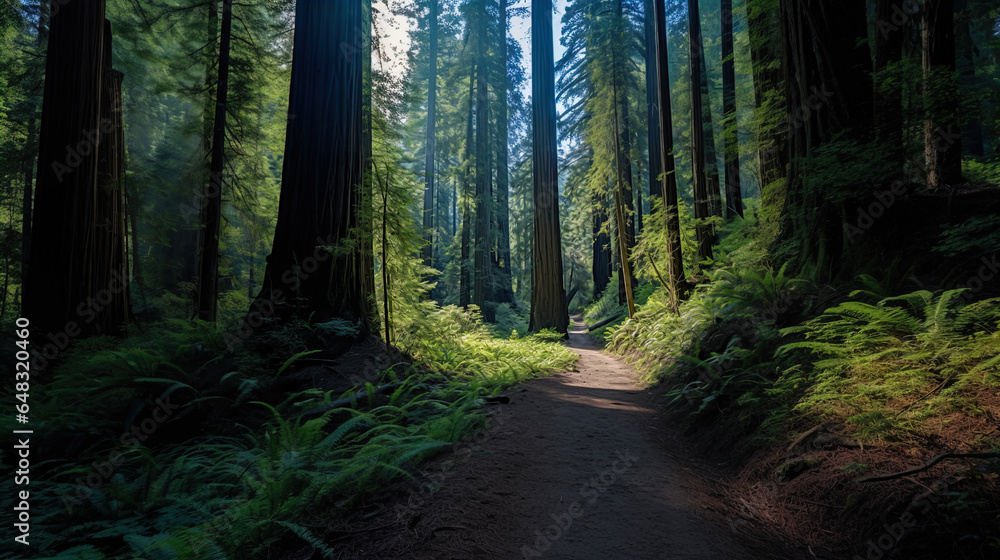 Fototapeta premium The image shows a tranquil forest path lined with tall, majestic redwood trees. The foliage is dense, and the forest floor is carpeted with lush ferns. Sunlight filters through the forest canopy, crea