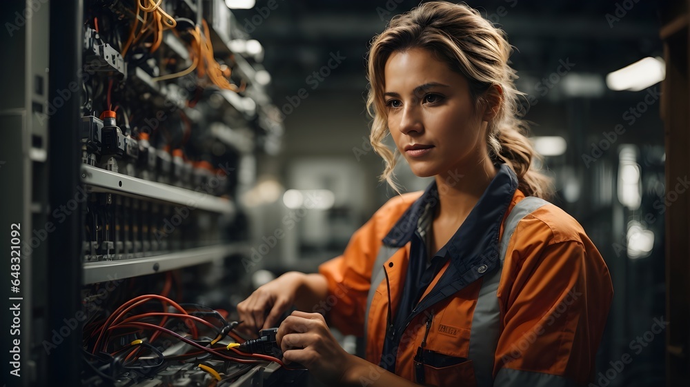 Female commercial electrician at work