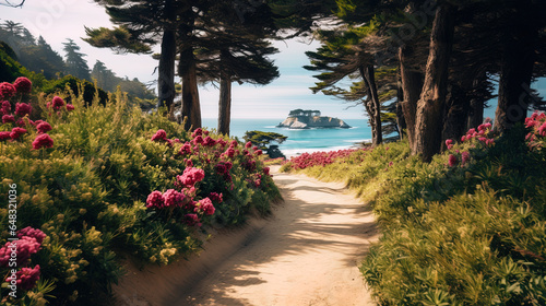The image captures a serene coastal landscape scene. A sandy footpath, bordered by lush pink flowering shrubs, leads the eye through a natural archway formed by tall, windswept Monterey cypress trees.