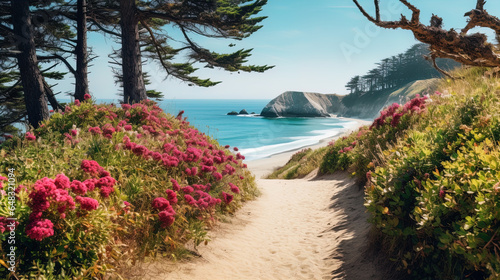 The image features a serene coastal landscape. In the foreground, there is a sandy pathway flanked by vibrant pink flowers and lush greenery, leading through a natural archway formed by twisted, gnarl