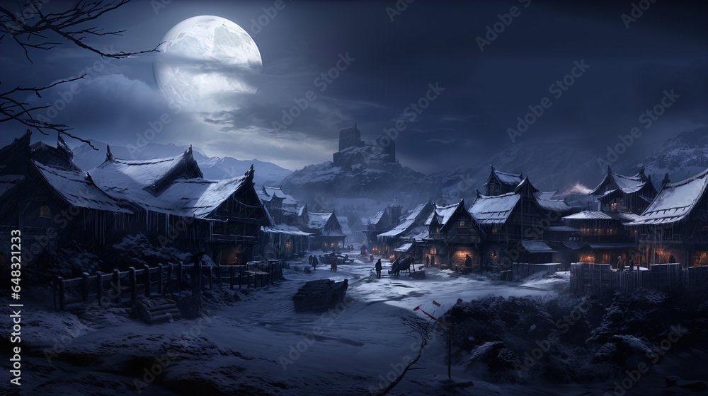 The image depicts a night scene of a snowy medieval village under a ...