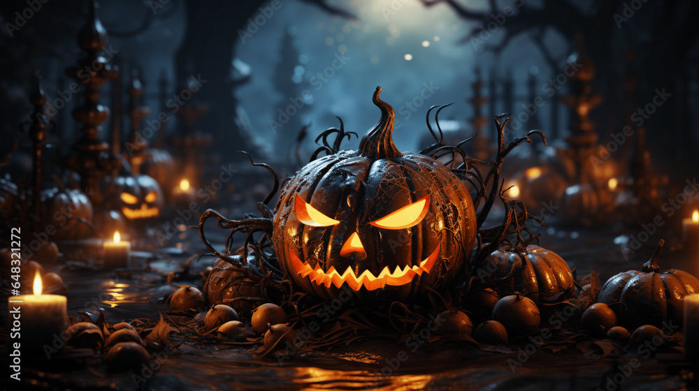 Fototapeta premium Eerie Halloween Night: Dark Theme Artwork with Spirits, Pumpkins, and Moon
