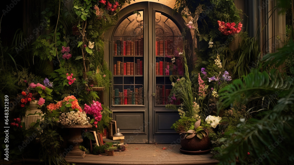 The image displays a charming, tranquil scene of a wooden double door with glass panels set within an arched frame. The doors appear to be part of an old-fashioned building or a cozy bookstore, as evi - obrazy, fototapety, plakaty 