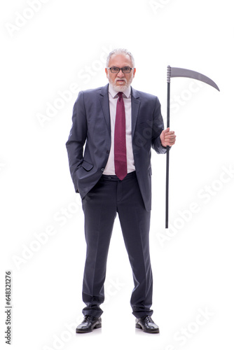 Old businessman holding scythe isolated on white