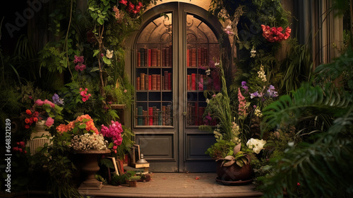 The image displays a charming, tranquil scene of a wooden double door with glass panels set within an arched frame. The doors appear to be part of an old-fashioned building or a cozy bookstore, as evi