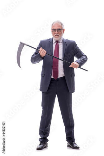 Old businessman holding scythe isolated on white
