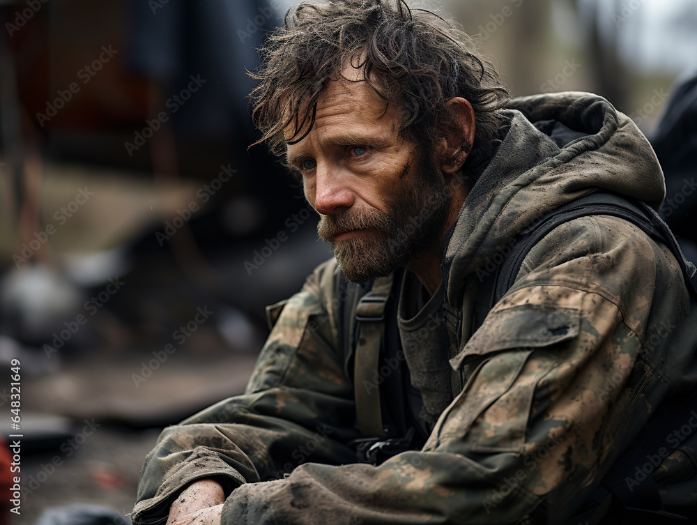 Illustration of a military veteran man with tired look and worn out clothes living on the street. Homeless military veteran with time scars of memories and challenges.
