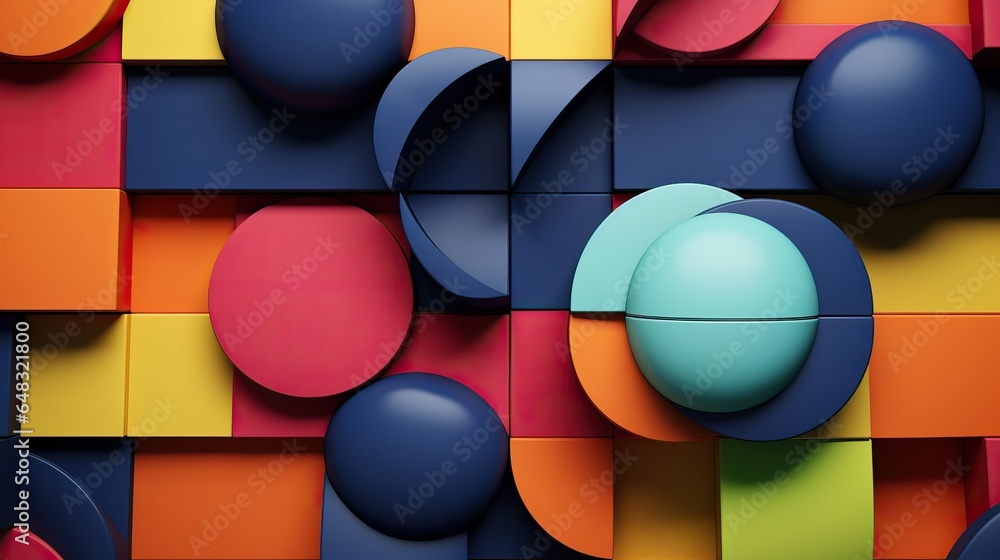 3D illustration of colorful geometric wall with many different colored shapes background. 3D illustration of colorful geometric wall with many different colored shapes background.