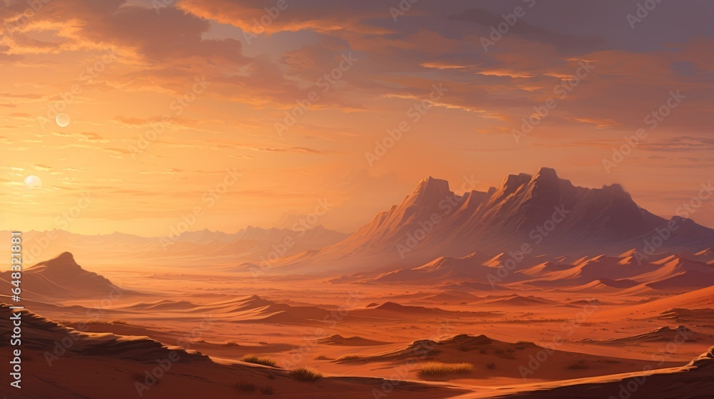 A vast desert landscape with rolling sand dunes and a mirage shimmering on the horizon under a scorching sun-
