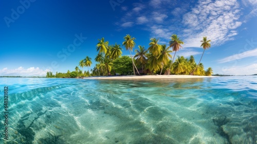 A tropical beach with palm trees  crystal-clear waters  and vibrant coral reefs  the perfect getaway for sun and sea lovers