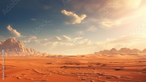 A vast desert landscape with rolling sand dunes and a mirage shimmering on the horizon under a scorching sun-