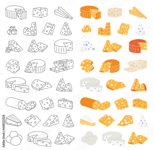 Triangles and slices of delicious cheeses. Cheese products vertical banner. Cheddar, camembert, brick, mozzarella, maasdam, brie, roquefort, gouda.