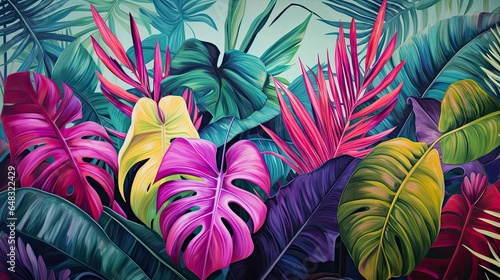 Colorful Tropical Leaves and Flowers Painting, Wallpaper, Background, Generative AI 