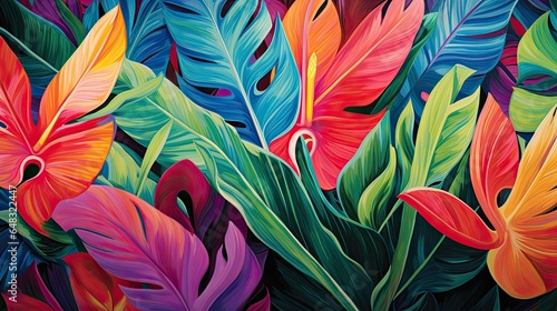  Colorful Tropical Foliage Illustration with Vibrant Leaves in Artistic Design