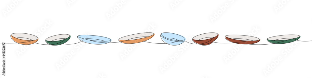 Plates set one line colored continuous drawing. Kitchen utensils continuous one line illustration. Vector minimalist linear illustration.