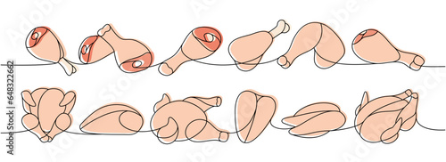 Parts of chicken meat one line colored continuous drawing. Raw chicken meat parts continuous one line illustration. Vector linear illustration.