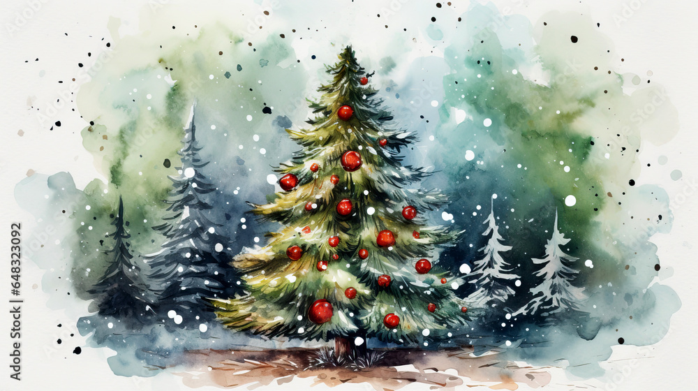 Decorated with red balls, a festive Christmas tree. Watercolor painting of a Christmas tree in the forest. Watercolor pine and spruce trees with falling snow. Christmas card design. Snowy woods backdr Decorated with red balls, a festive Christmas tree. Watercolor painting of a Christmas tree in the forest. Watercolor pine and spruce trees with falling snow. Christmas card design. Snowy woods backdr