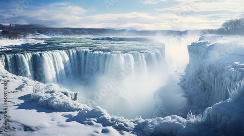 Background with copy space of a dramatic scene with mist hanging majestically over Niagara Falls. Magical scene of waterfalls in impressive vision.