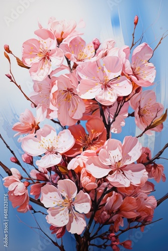 A painting of pink flowers against a blue background. Imaginary photorealistic image. Beautiful sakura. © tilialucida