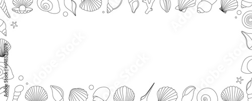 Sea shells horizontal outline banner. Tropical underwater shells. Freshwater algae, corals, starfish, sea mollusks, scallop, pearls.