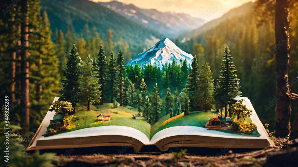 an open book with a picture of a mountain and trees on it, paper craft