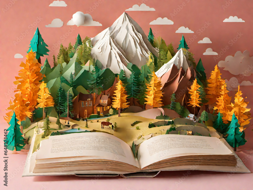 an open book with a picture of a mountain and trees on it, paper craft