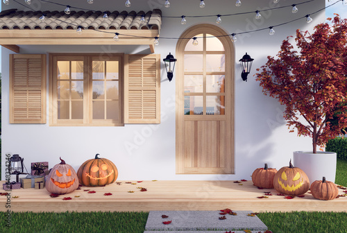 The front of a small country house Decorated according to the Halloween theme 3d render photo