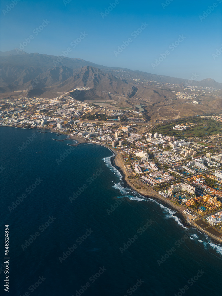 blue ocean water and luxury beach, hotels, resort of Tenerife, Canary island