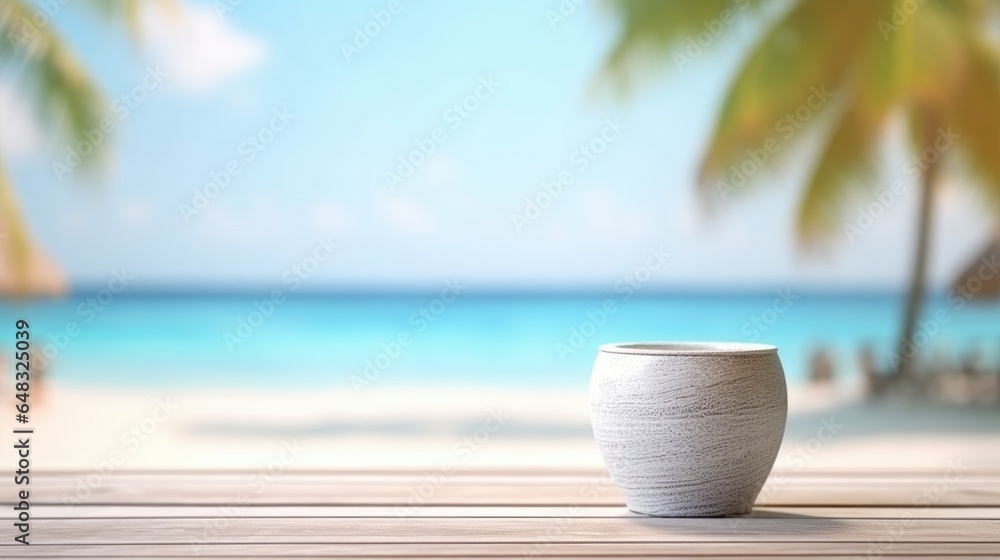 Wooden boards with a view of the sea for product placement Wooden boards with a view of the sea for product placement