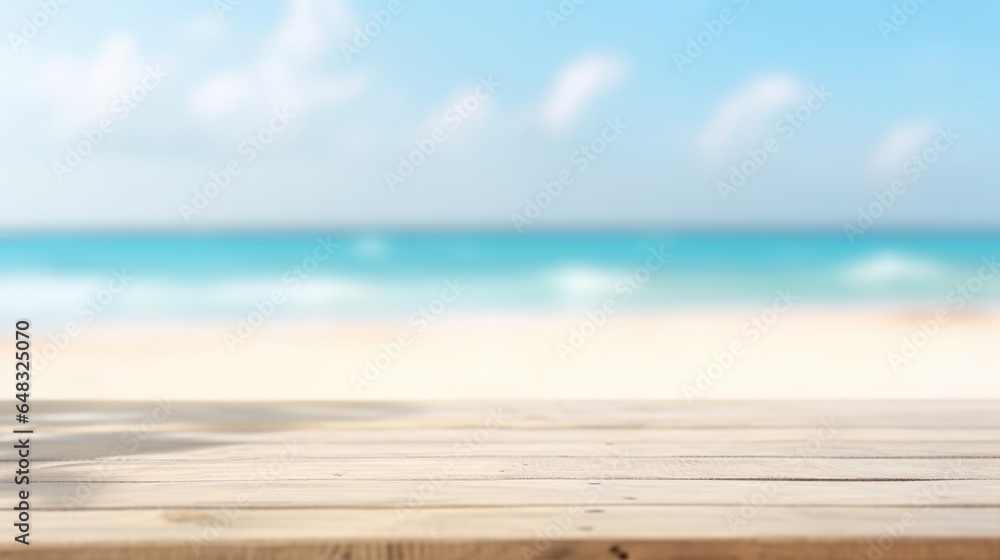 Wooden boards with a view of the sea for product placement Wooden boards with a view of the sea for product placement
