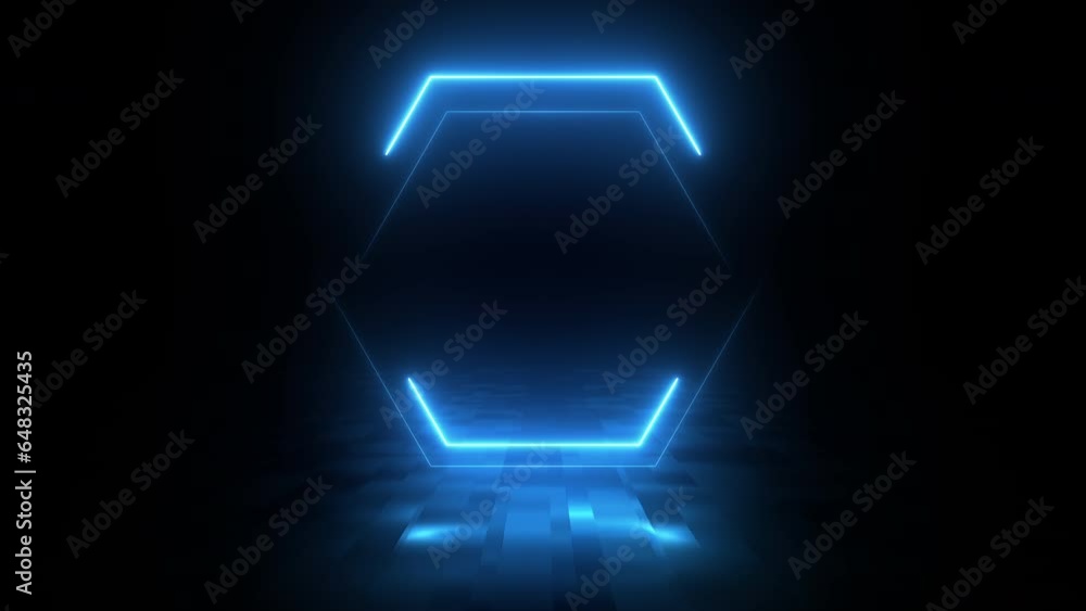 3D Render, Neon Glowing Blue Hexagon Frame on Black Background with Floor Reflection. Futuristic Technology Concept 3D Render, Neon Glowing Blue Hexagon Frame on Black Background with Floor Reflection. Futuristic Technology Concept