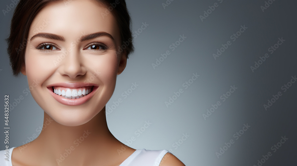 Beautiful young woman with a charming smile with dazzling white teeth, showing excellent dental health and hygiene. Ideal for dental illustrations. Copy space Beautiful young woman with a charming smile with dazzling white teeth, showing excellent dental health and hygiene. Ideal for dental illustrations. Copy space