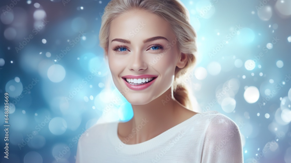 Beautiful young woman with a charming smile with dazzling white teeth, showing excellent dental health and hygiene. Ideal for dental illustrations. Copy space Beautiful young woman with a charming smile with dazzling white teeth, showing excellent dental health and hygiene. Ideal for dental illustrations. Copy space