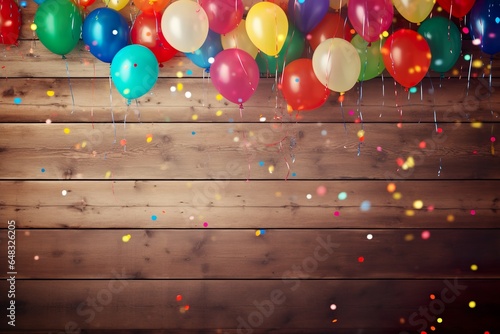 Colorful carnival or party balloons, streamers and confetti on rustic grunge wood planks with copy space | Generative AI