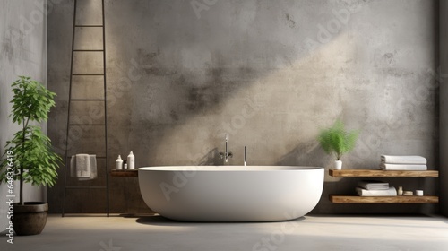 Minimalist style interior design of modern bathroom with concrete wall. Generative AI
