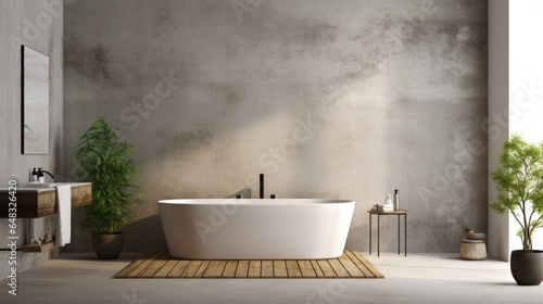 Minimalist style interior design of modern bathroom with concrete wall. Generative AI
