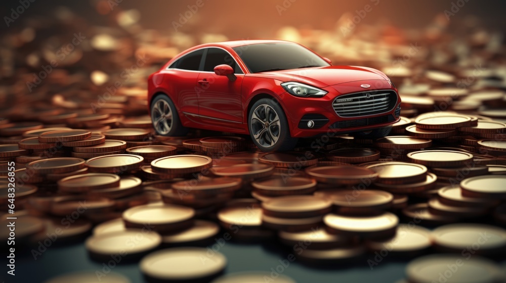 Red car on coins. Car insurance, car loans, concept of savings money on car purchase. Generative AI - obrazy, fototapety, plakaty 