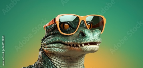 Crocodile in sunglass shade glasses, left position, isolated on solid pastel background. Generative AI