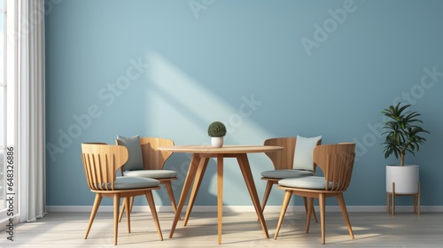Round wooden dining table and barrel chairs against window and blue wall. Generative AI