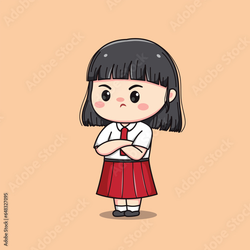 Indonesian student elementary school feeling mad cute kawaii girl character