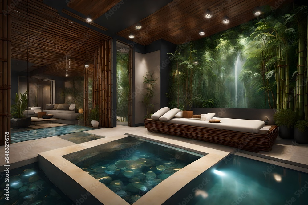 custom made wallpaper toronto digitalDesign an AI-generated spa interior that combines natural elements like bamboo and flowing water for a calming atmosphere. 