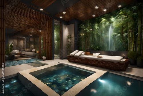Wallpaper Mural Design an AI-generated spa interior that combines natural elements like bamboo and flowing water for a calming atmosphere.  Torontodigital.ca