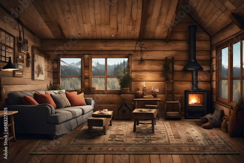 Create an AI-generated concept for a cozy and rustic cabin interior. 