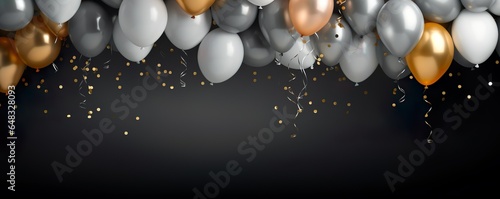 Foto Golden and silver gray metallic balloons and confetti on dark background