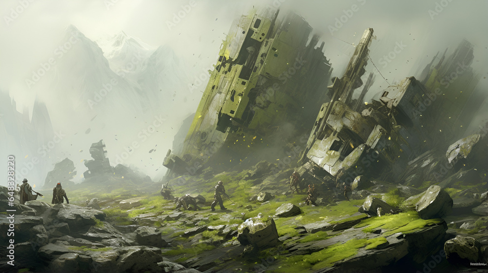 A group of people standing on top of a lush green hillside going through the derelict wreckage of a spaceship A group of people standing on top of a lush green hillside going through the derelict wreckage of a spaceship