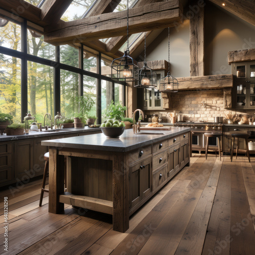 A kitchen with wooden cabinets and marble 