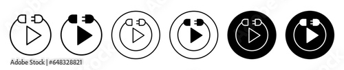 PLUG AND PLAY ICON. Electric power supply cable wire symbol. digital electronic socket cord with adapter to charge phone with plugin prong button vector.